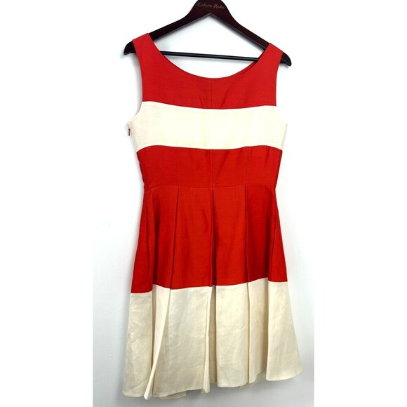 Kate Spade Gayle Fit and Flare Dress Red Cream Size 8 Sleeveless Silk Pleated E4 - Picture 4 of 12